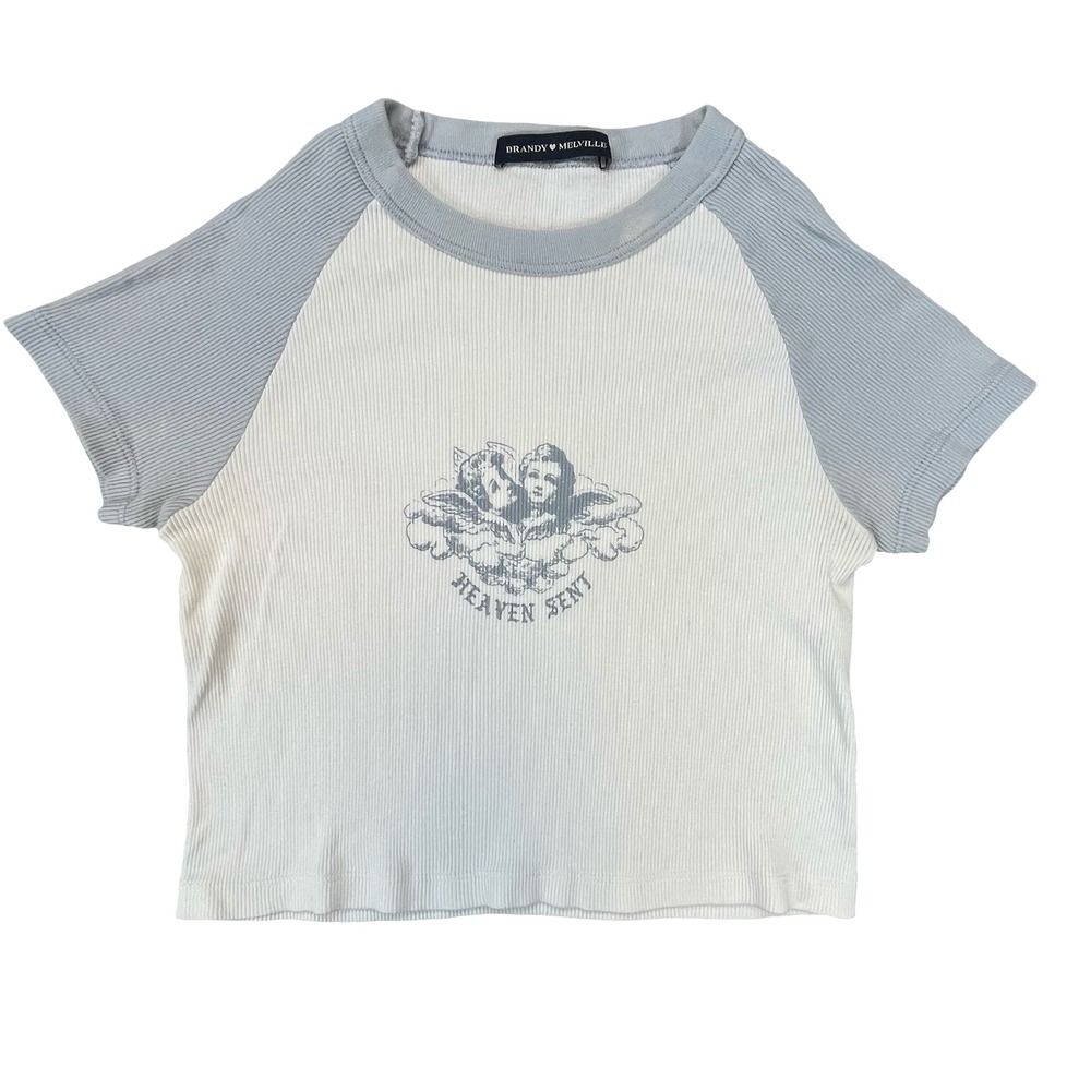 Brandy Melville Women T-Shirt White Blue Cherub Raglan Ribbed Baby Tee Y2K OS